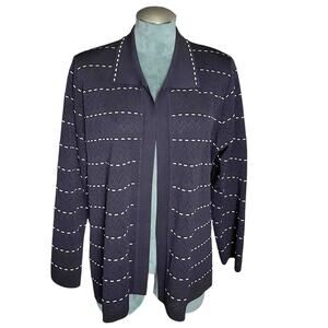 Womens Misook Chevron Eyelet Open Front Cardigan Navy Blue Stripe Acrylic Size L